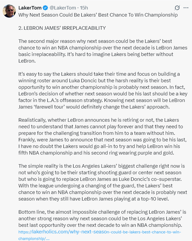 美记解析明年成湖人十年内唯一夺冠机会！列4理由：40詹最后一搏