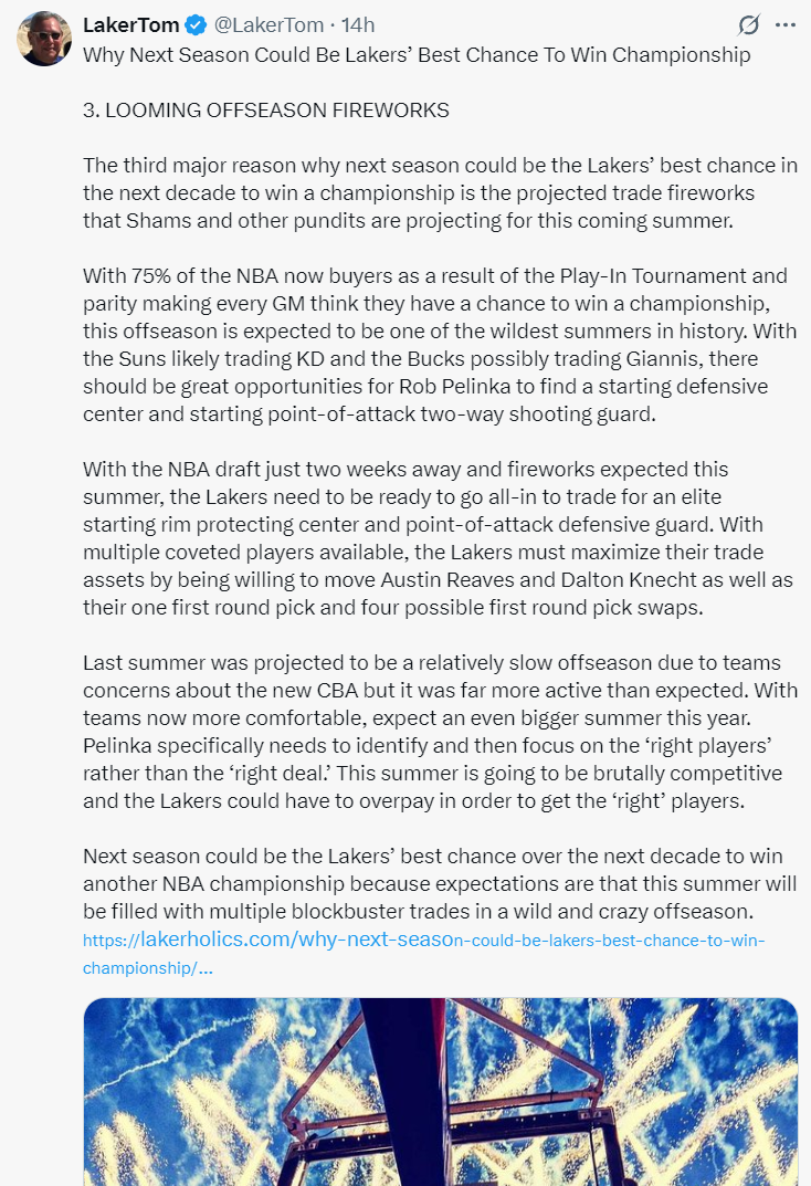 美记解析明年成湖人十年内唯一夺冠机会！列4理由：40詹最后一搏