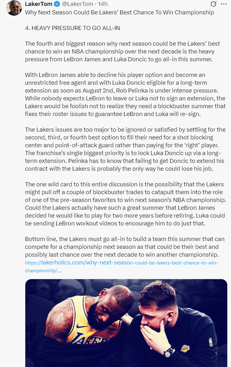 美记解析明年成湖人十年内唯一夺冠机会！列4理由：40詹最后一搏