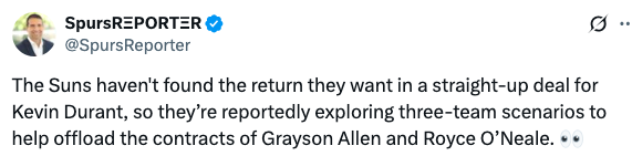 马刺记者：太阳正寻求三方交易，借机处理掉阿伦&amp;amp;奥尼尔的合同