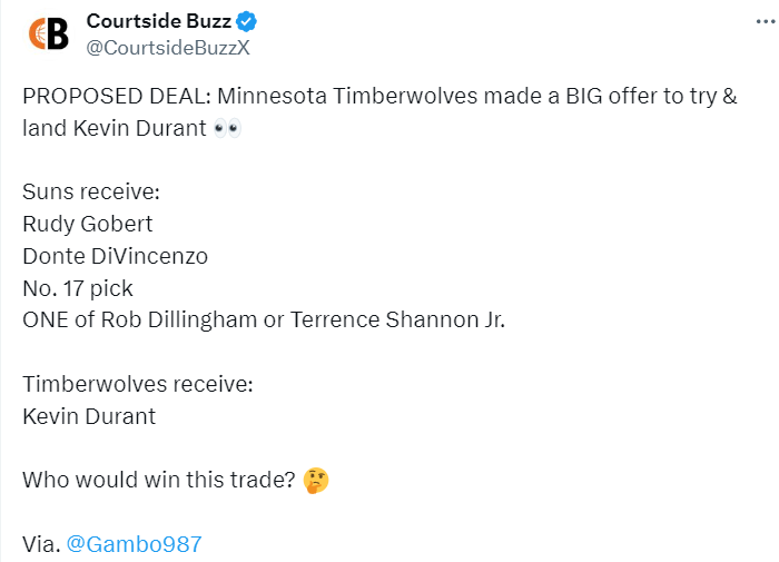 森林狼对杜兰特报价曝光！4换1被视为目前最佳：太阳会同意吗？