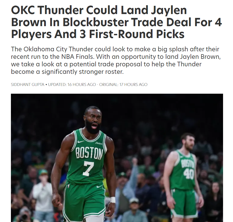 68胜雷霆还要补强？美媒建议7换3布朗组四巨：SGA关键球帮手来了