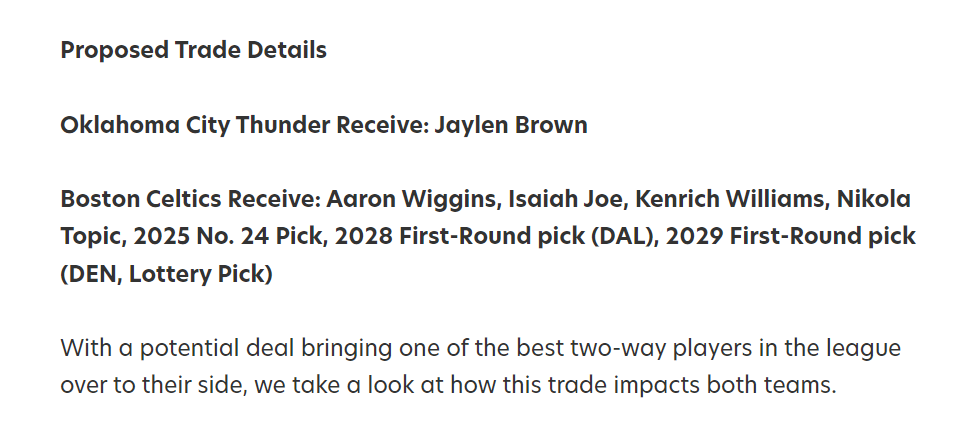 68胜雷霆还要补强？美媒建议7换3布朗组四巨：SGA关键球帮手来了