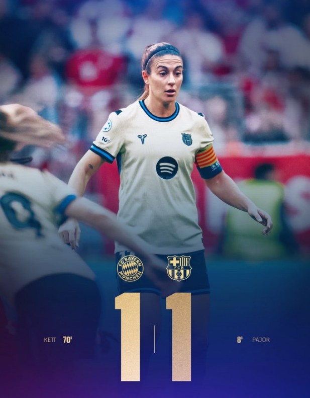 kaiyun-女足欧冠半决赛首回合拜仁女足1-1巴萨女足，帕乔尔、凯特破门